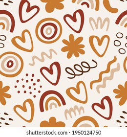 Seamless pattern with abstract organic shapes: rainbow, waves, flowers, hearts, dots. Vector illustration with doodles in simple trendy style. Design for fabric, package, cover, wall art, prints, etc.