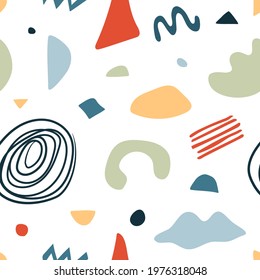 Seamless pattern with abstract organic shapes, stains, lines. Vector elements in doodle style for background, wallpaper, cover, banner, greeting card, template. Modern graphics for holiday. 