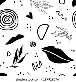 Seamless pattern with abstract organic shapes, stains, plants. Vector elements in doodle style for background, wallpaper, textile, cover, banner, greeting card. Simple, stylish, minimal design. Modern