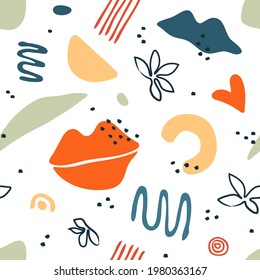 Seamless pattern with abstract organic shapes, stains, lines. Colorful vector elements in doodle style for background, wallpaper, textile, cover, banner, greeting card. Simple, fun design.