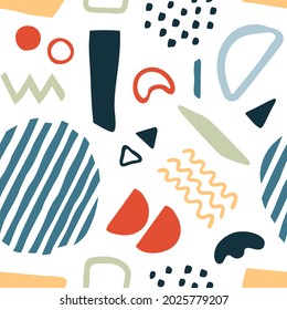 Seamless pattern with abstract organic shapes, stains, lines. Colorful vector elements in doodle style for background, wallpaper, textile, cover, banner, card. Simple, fun design. Modern graphic 