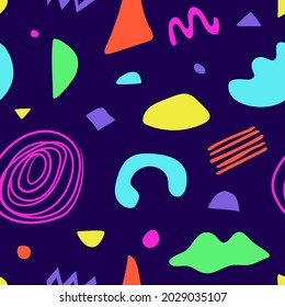 Patrón sin brillo con formas orgánicas abstractas, manchas, líneas. Elementos vectoriales coloridos en forma de doodle para fondo, papel pintado, textil, cubierta, banner, tarjeta. Diseño sencillo y divertido. Gráfico moderno 