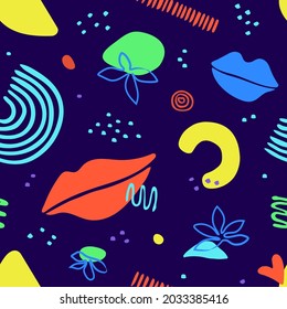Seamless pattern with abstract organic shapes, hearts, lips. Colorful vector elements in doodle style for background, wallpaper, textile, cover, banner, greeting card. Fun design. Modern graphic
