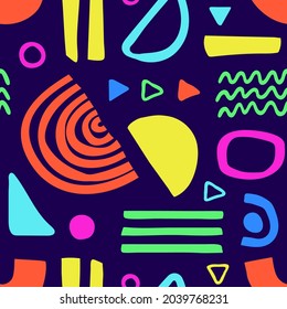 Seamless pattern with abstract organic shapes, stains, lines. Colorful vector elements in doodle style for background, wallpaper, textile, cover, banner, card. Modern graphic for holiday.