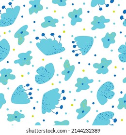 Seamless pattern with abstract organic shapes and blue textured flowers. Vector spring background