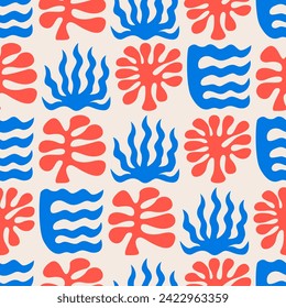 Patrón sin foco con formas orgánicas abstractas de plantas subacuáticas. Vector de fondo contemporáneo minimalista con corales ondulados o algas. Silhouette de naturaleza étnica