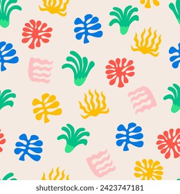 Seamless pattern with abstract organic shapes. Summer vector flat background with cute ocean underwater plants. Algae, seaweed and corals in naive style. Vector flat childish colorful background 