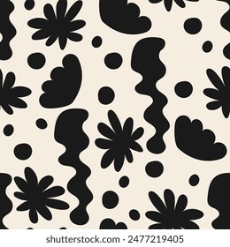 Seamless pattern with abstract organic shapes and flowers. Vector flat background with various organic forms