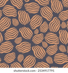 Seamless pattern of abstract organic shapes with wavy lines, arranged in a scattered, irregular formation. Suitable for textiles or home decor with a contemporary and playful aesthetic.