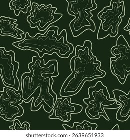 Seamless pattern with abstract organic shapes on a dark green background, for decorating your designs and prints in an abstract organic style