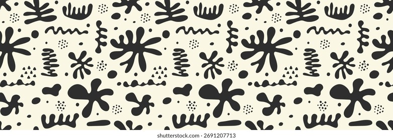 Padrão contínuo com formas orgânicas abstratas. Plano de fundo com elementos desenhados à mão. Conceito de tecido moderno. Ilustração vetorial