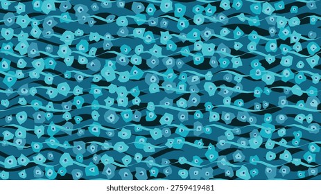 Seamless pattern of abstract organic shapes, a modern fluid design featuring wavy lines and irregular polygons in captivating shades of blue, teal, and turquoise, perfect for contemporary backgrounds and textile art.