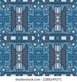 Seamless pattern with abstract ornament and background texture. Blue palette. Vector illustration