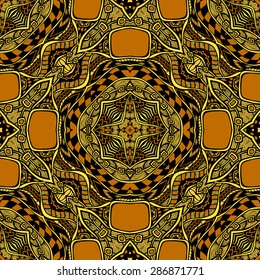 Seamless pattern from abstract  ornament brown yellow colors in East or Arabic style for decorate clothe interior or for making  computer game or for package or for playing card back 