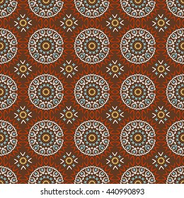 Seamless pattern. Abstract ornament. Circular ethnic ornament Mandala. Hand- drawing. Oriental style, India, Arab, Islam.