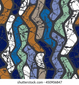 Seamless pattern with abstract ornament. Colored paint stains with shabby effect. Stylish print template for fabric and paper.