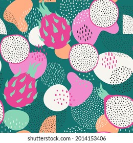 Seamless pattern with abstract ornament, dots and dragon fruits