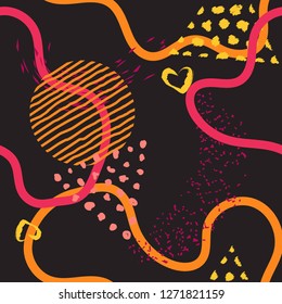 Seamless pattern with abstract ornament forms. Abstract Painted texture with ink splatter. Bright seamless pattern with splashes of paint. Hand painted brush strokes.