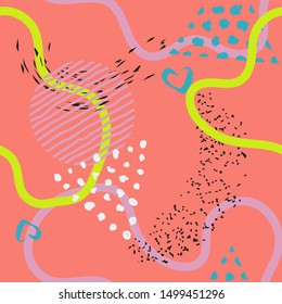 Seamless pattern with abstract ornament forms. Abstract Painted texture with ink splatter. Bright seamless pattern with splashes of paint. Vector illustration.