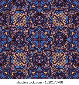 Seamless pattern. Abstract ornament of four-sided elements. Yellow, blue, purple, pink, violet.