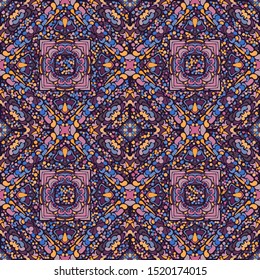 Seamless pattern. Abstract ornament of four-sided elements. Yellow, blue, purple, pink, violet.