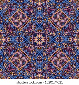 Seamless pattern. Abstract ornament of four-sided elements. Yellow, blue, purple, pink, violet.