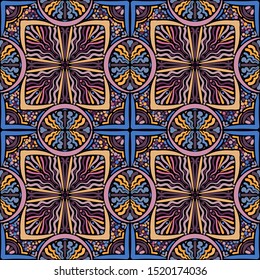 Seamless pattern. Abstract ornament of four-sided elements. Yellow, blue, purple, pink, violet.