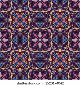 Seamless pattern. Abstract ornament of four-sided elements. Yellow, blue, purple, pink, violet.