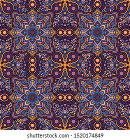 Seamless pattern. Abstract ornament of four-sided elements. Yellow, blue, purple, pink, violet.