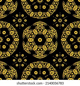  Seamless pattern with abstract ornament on black background. Round mandala. Design for fashion, fabric, textile, wallpaper and a print on a different product.