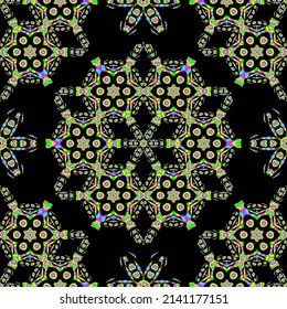  Nahtloses Muster mit abstraktem Ornament auf schwarzem Hintergrund. Runde Mandala. Design für Mode, Gewebe, Textilien, Tapeten und ein Ausdruck auf einem anderen Produkt.