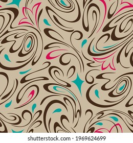 seamless pattern with abstract ornament with stylized flowers and vignettes in colored lines on a beige background