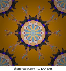 Seamless pattern with abstract ornament. Vector Hand drawn zentangle floral blue, yellow and beige colors.