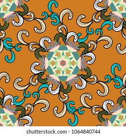 Seamless pattern with abstract ornament. Vector Hand drawn zentangle floral orange, black, beige, blue and green colors.