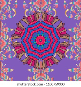 Seamless pattern with abstract ornament. Vector Hand drawn zentangle floral violet, magenta and blue colors.