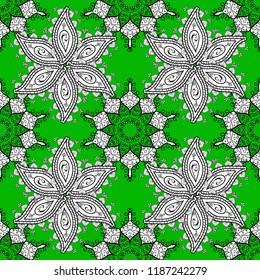 Seamless pattern with abstract ornament. Vector Hand drawn zentangle floral green, white and black colors.