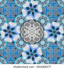 Seamless pattern with abstract ornament. Vector Hand drawn zentangle floral neutral, gray and blue colors.
