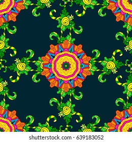 Seamless pattern with abstract ornament. Vector Hand drawn zentangle floral blue background.