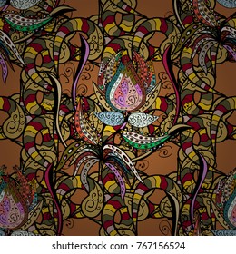 Seamless pattern with abstract ornament. Vector Hand drawn zentangle floral black, brown and yellow colors.