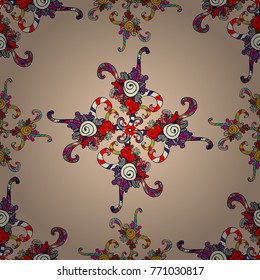 Seamless pattern with abstract ornament. Vector Hand drawn zentangle floral beige, black and red colors.