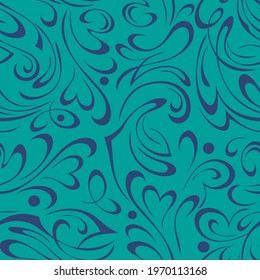 seamless pattern with abstract ornament with vignettes in blue lines on a turquoise background