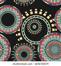 Nahtloses Muster mit abstrakten ornamentierten Kreisen. mehrfarbige Mandalas auf schwarzem Hintergrund. Vektorillustration