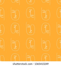 Seamless pattern with abstract outline silhouette of human face. White silhouette on yellow background. Trendy minimalistic faces. Modern avant- garde poster. 
