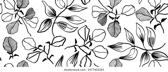 Patrón sin fisuras con hojas y ramas con contorno abstracto. Pincel pintado a mano de color negro plantas botánicas pintadas. Siluetas de follaje Vector. Ornamento orgánico natural con ramas negras. 