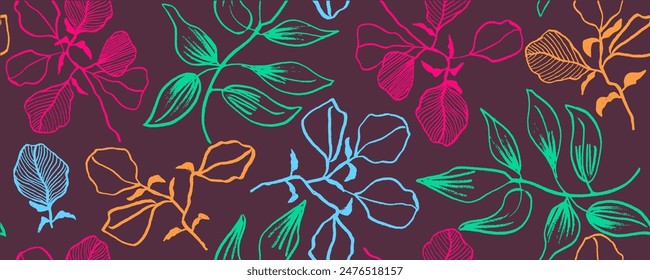 Seamless pattern with abstract outlinedcolorful  leaves and branches . Hand drawn color pencil painted botanical  plants. Vector foliage silhouettes. Natural  ornament with multicolored branches