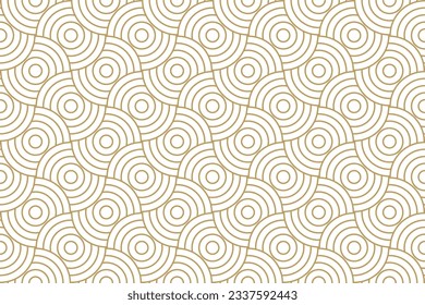 seamless pattern with  abstract overlap circular wave in gold and beige color, japanese geometric repeat background with stipe line.