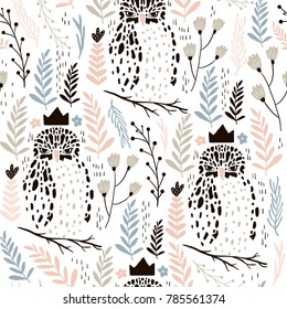 Seamless pattern with abstract owls and floral elements. Trendy scandinavian vector background. Perfect for apparel,fabric, textile, nursery decoration,wrapping paper