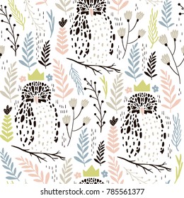 Seamless pattern with abstract owls and floral elements. Trendy scandinavian vector background. Perfect for apparel,fabric, textile, nursery decoration,wrapping paper