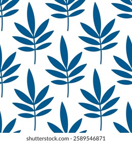 Seamless pattern with abstract palm leaves and branches on a white background. Trendy abstract pattern in blue colors. Vector design for paper, textile, interior decor.