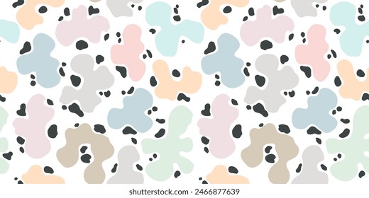 Seamless pattern with abstract pastel elements of water stains and dark dots. Cow skin drawing. Colorful texture for textile design, wallpaper, cover, modern art.  Fashionable modern style.